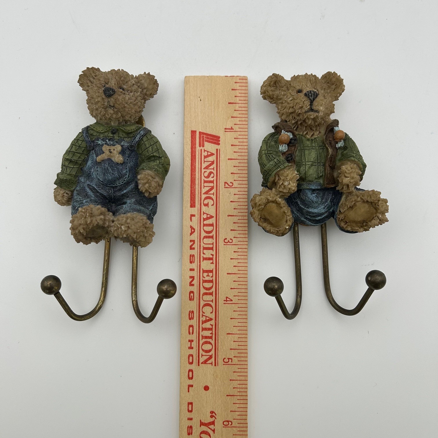 Teddy Bears in Denim Wall Hooks Key Holders Set of 2 Resin Decor Cottage Core