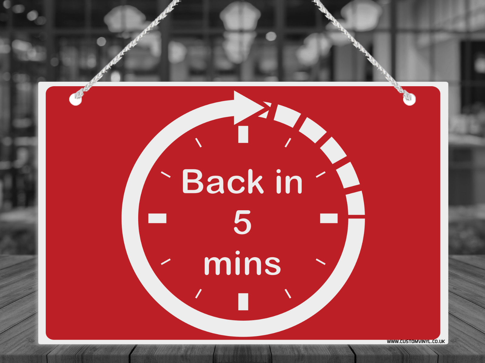 Back in 5 mins clock hanging plastic sign with nylon rope+suction cups