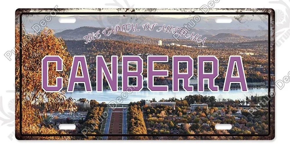 Vintage Australia Canberra Skyline License Plate Metal Sign Travel Garage Decor