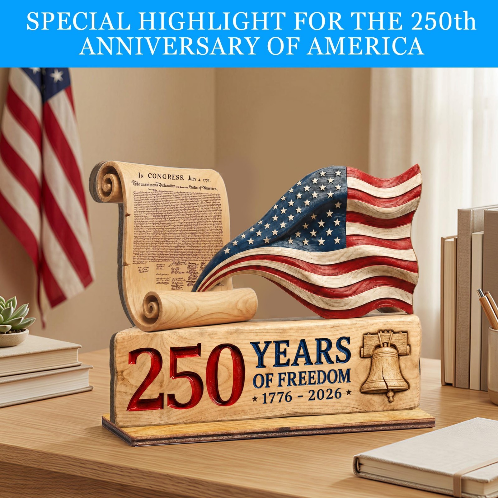 250th Anniversary USA Decorations – 9″ Wooden Sign, Patriotic 4th of July Decor,