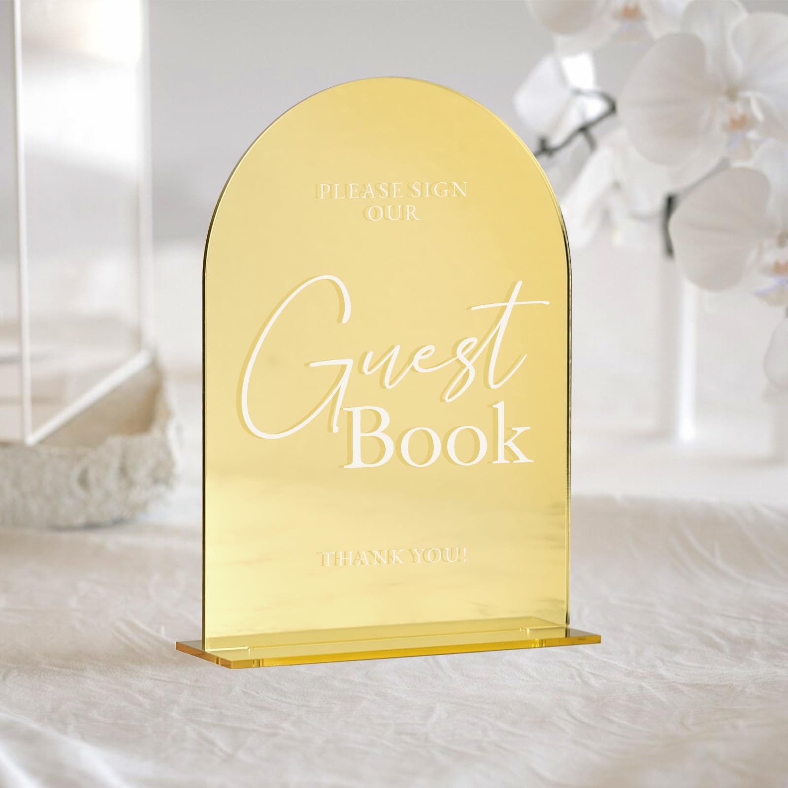 Acrylic Wedding Sign with Stand- 5″x7″ Gold Mirror Arched Guest Book Signs an…