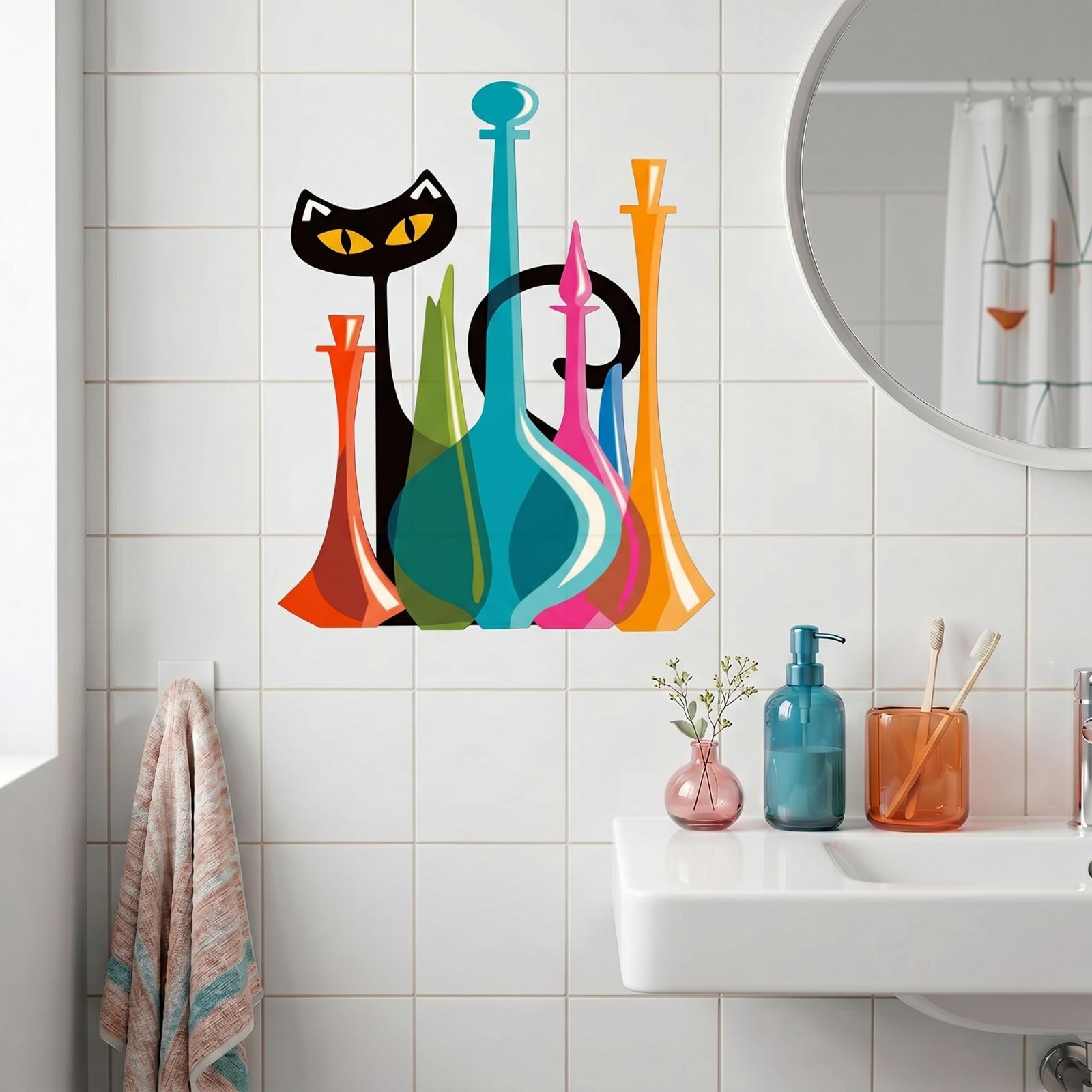 Cat Metal Wall Art Decor Mid Century Modern Atomic Cat Colorful Glass Decante…