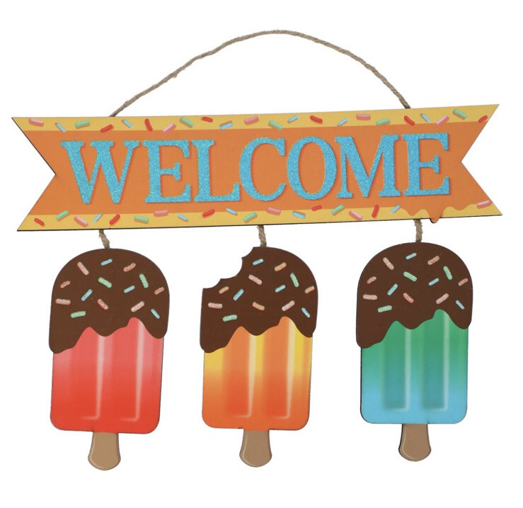 WELCOME Summer Sign Popsicle Frozen Ice Cream Treats Decor Glitter Wall Door NEW