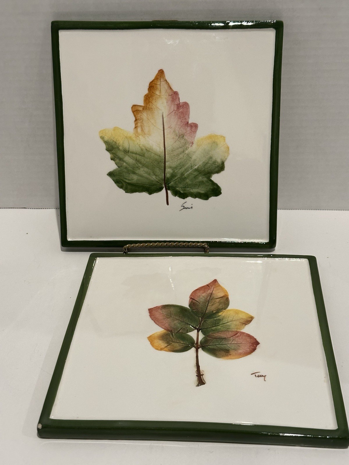 Pr Of Pier One Hand Painted Autumn Leaf Design Ceramic Wall Plaque Tiles