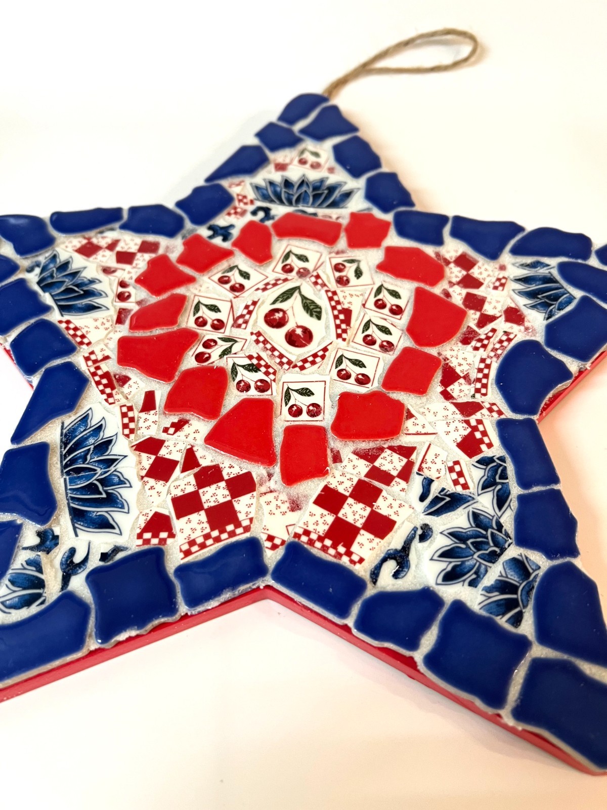 Handmade Mosaic Glass & Broken China Patriotic Red White Blue Star Wall Decor