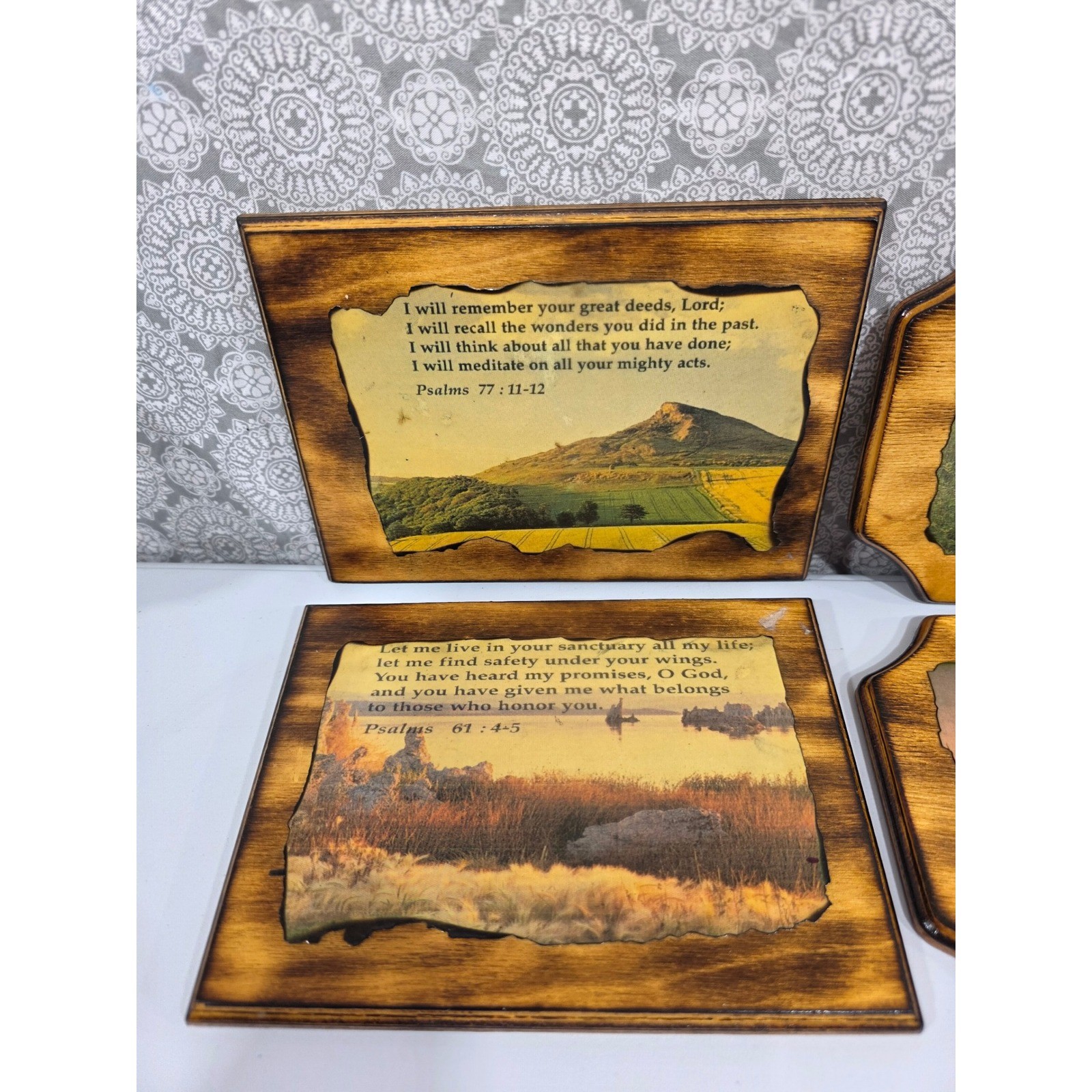 Set of 6 Wooden Wall Art Plaques Religious Bible Verse Landscape Decor