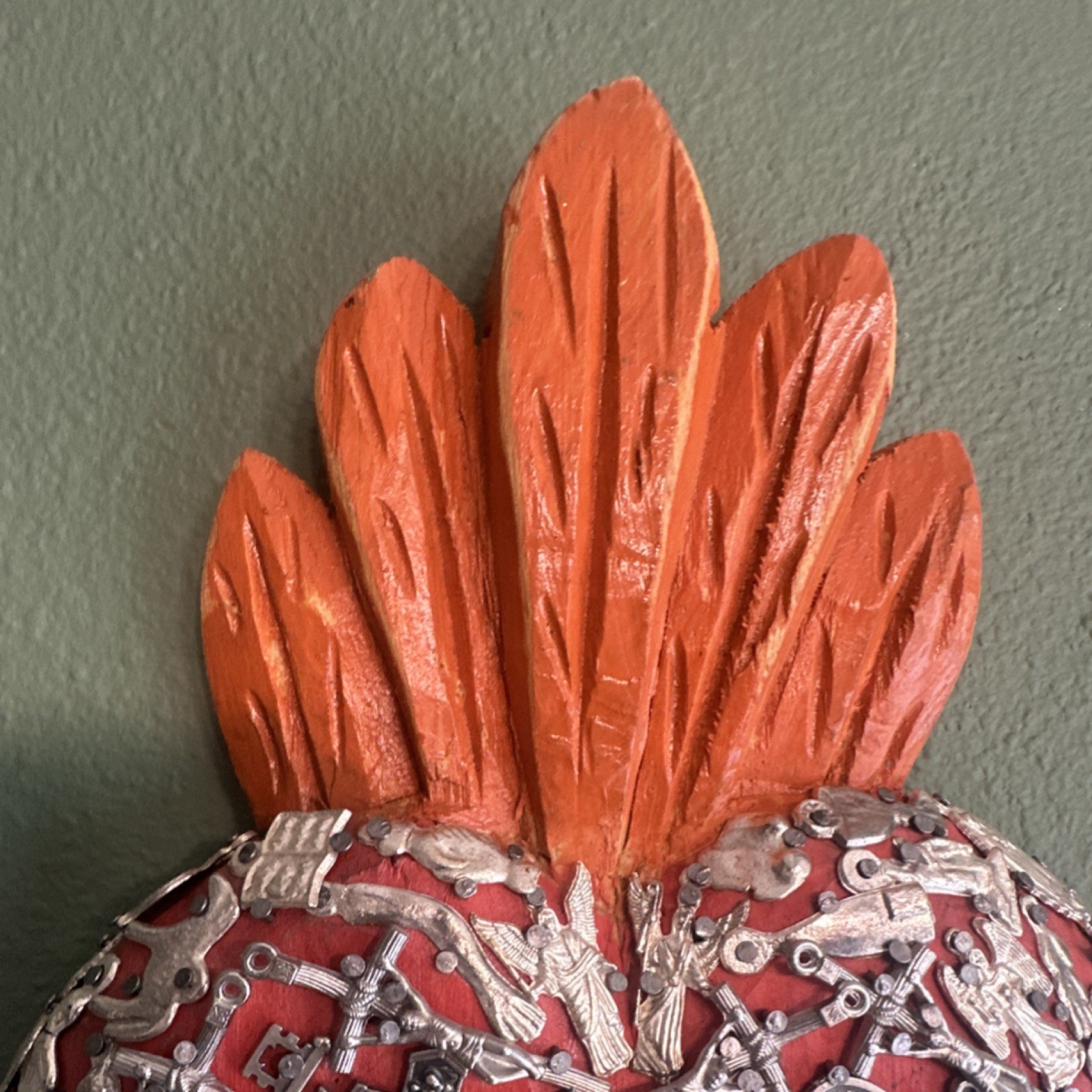 Vintage Mexican Folk Art Carved Wood Flaming Sacred Heart Milagros Medals