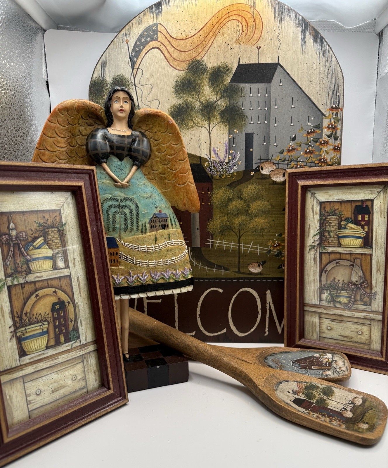 Primitive Country Farmhouse Decor Lot Angel Welcome Sign Wall Art Spoon Set 6pc