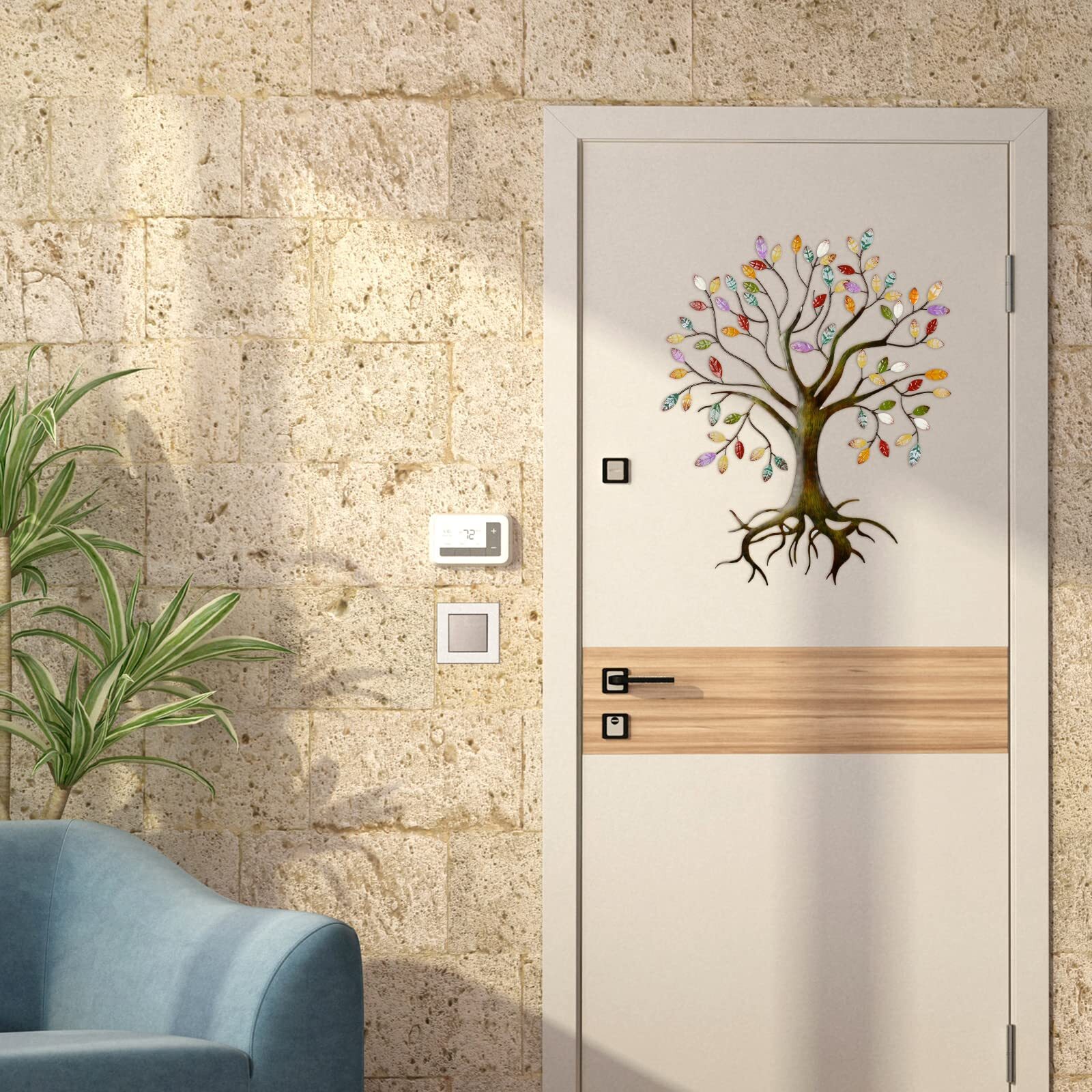 Moxweyeni Metal Tree Wall Sculpture Gold Tree Home Decor Multi Colored Leaf A…