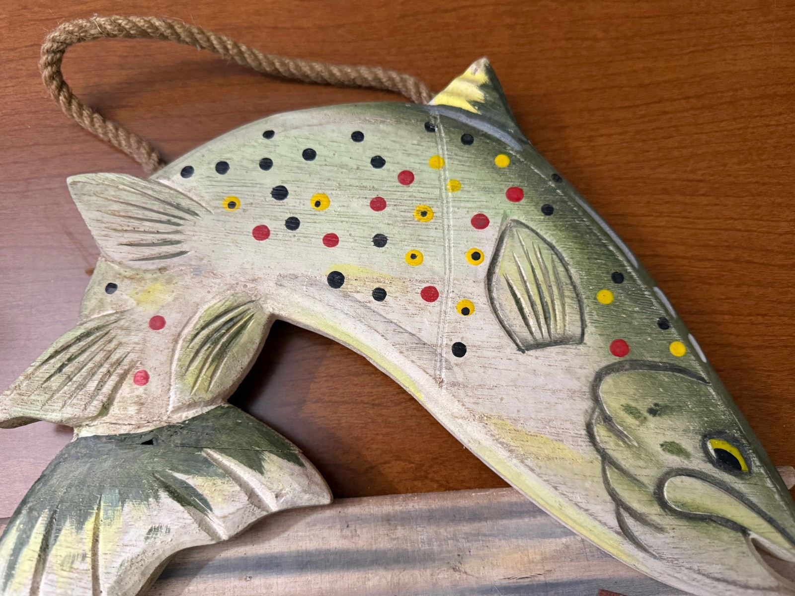 Wood Decorative Trout Fish Sign Hanging Plaque with Rope 13 In. Wide 12 In High