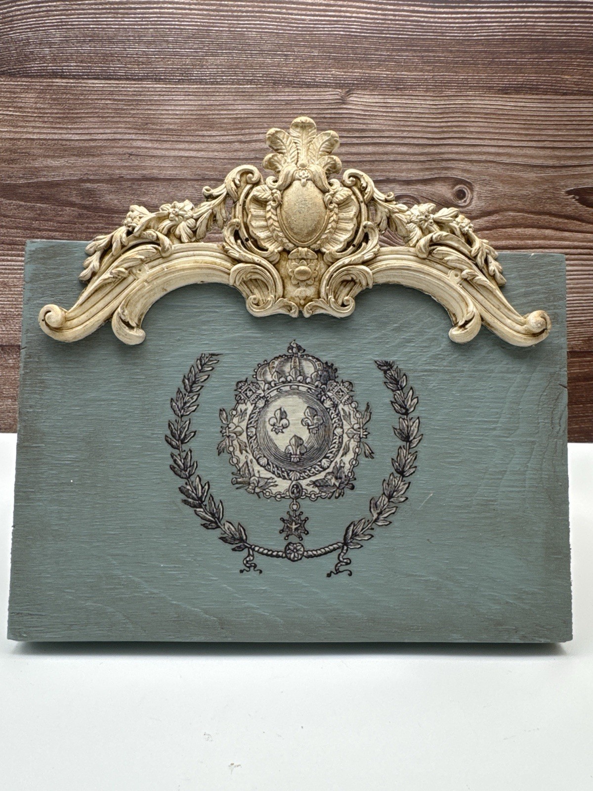 French Country Blue Crest Wall Plaque Ornate European Manor Decor Handmade