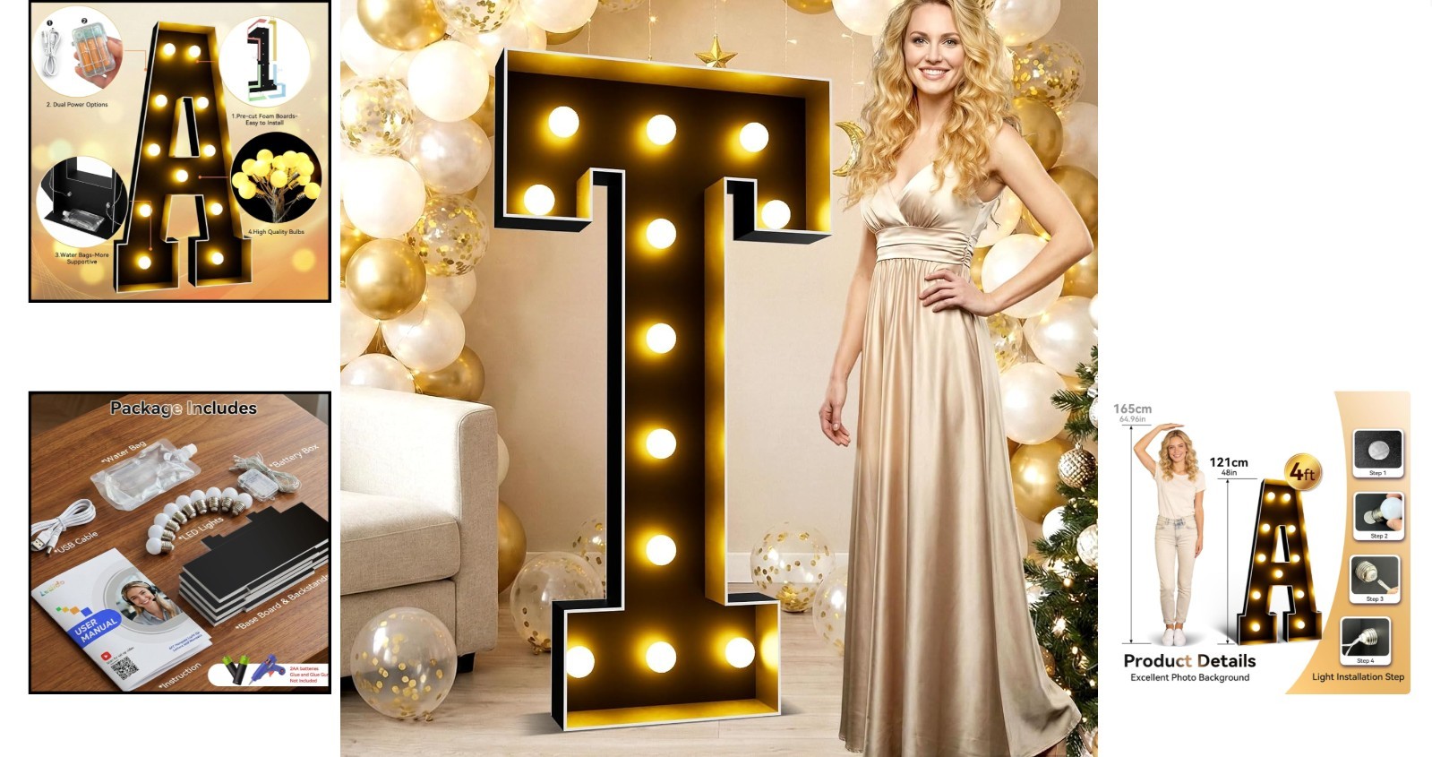 4FT Black Marquee Light Up Letters T for Indoor Outdoor Events Large Party Decor