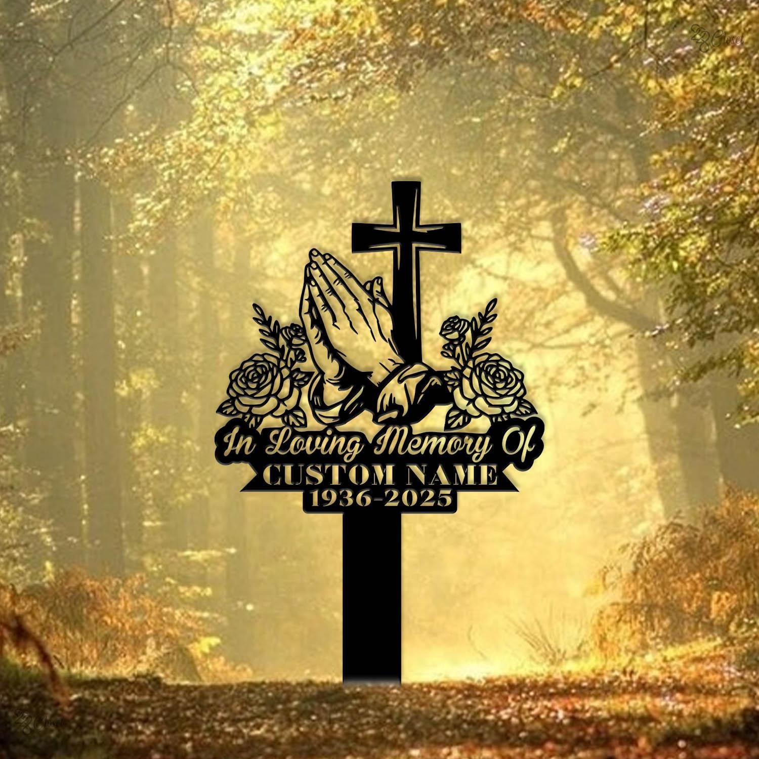 Personalized Cross With Praying Hand Memorial Metal,Grave,MarkeRemembrance Stake