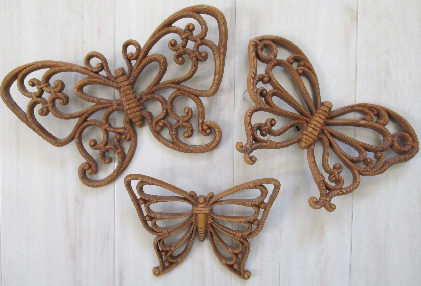 Vintage 1978 Butterfly Wall Decor Set of 3 Brown Rattan Look Resin Homco Dart