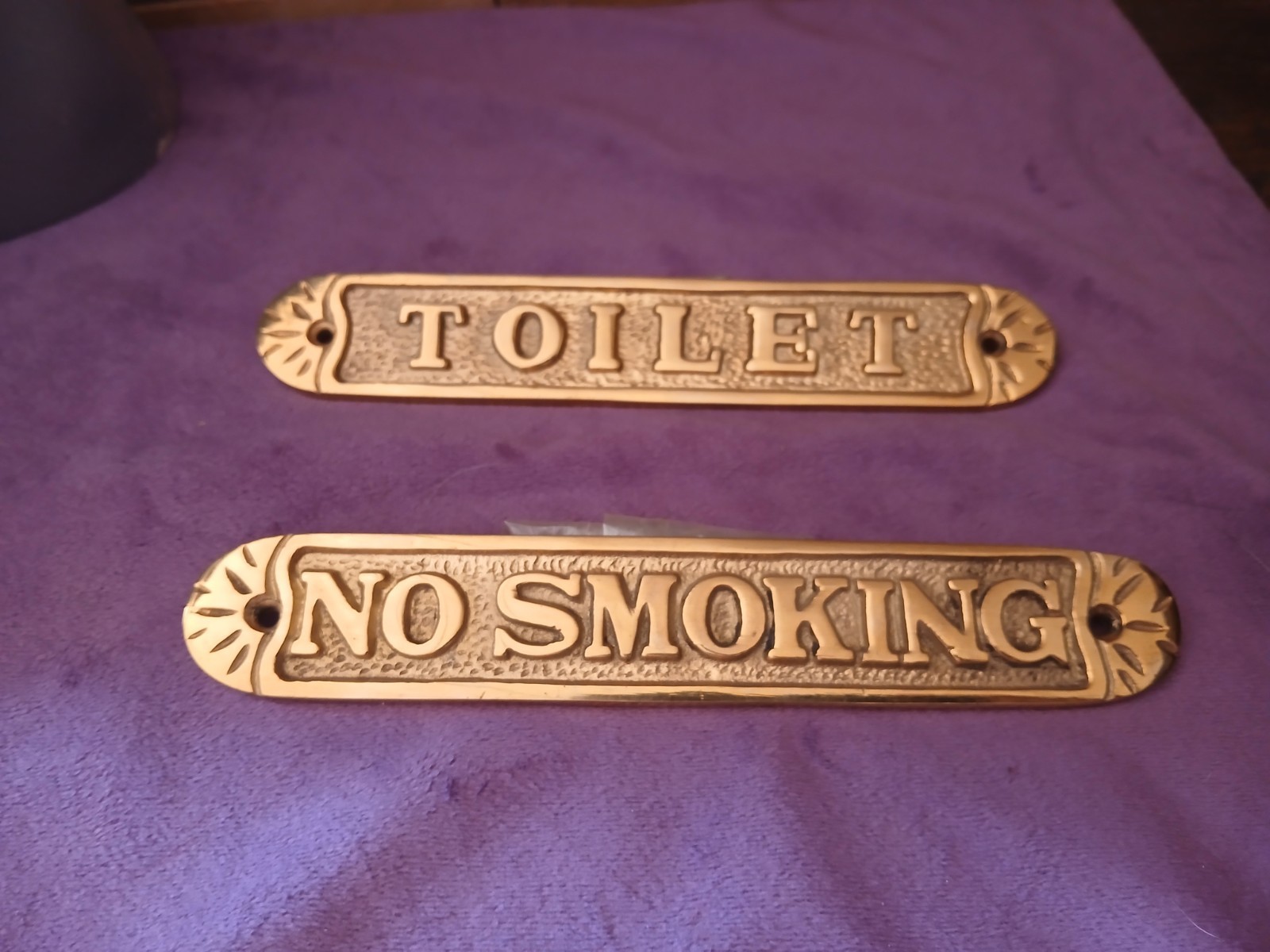 Brass Metal Wall Mounted Vintage Style Bathroom Signs Set: Toilet & No Smoking