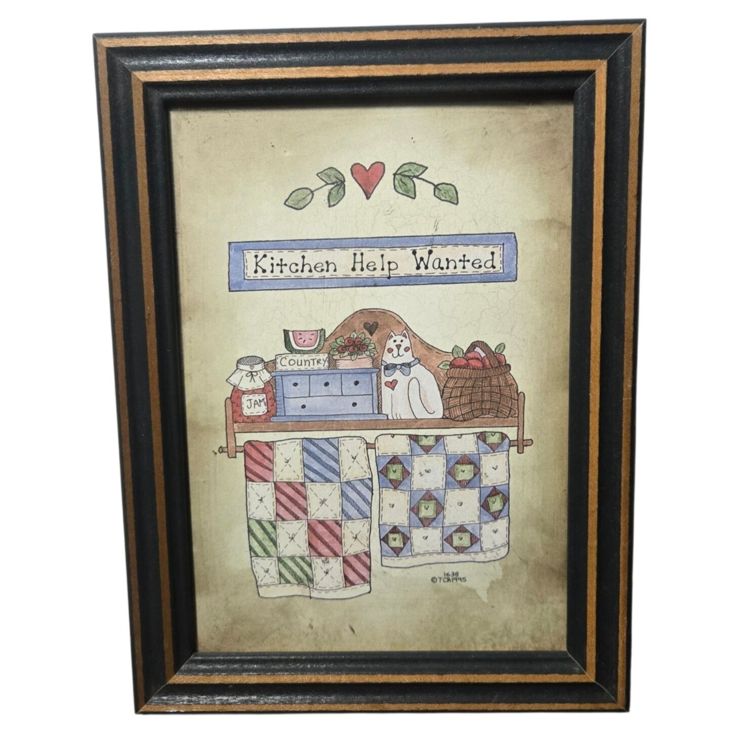 Kitchen Help Wanted Country Themed Framed Wall Art Cat Quilts Farmhouse Decor