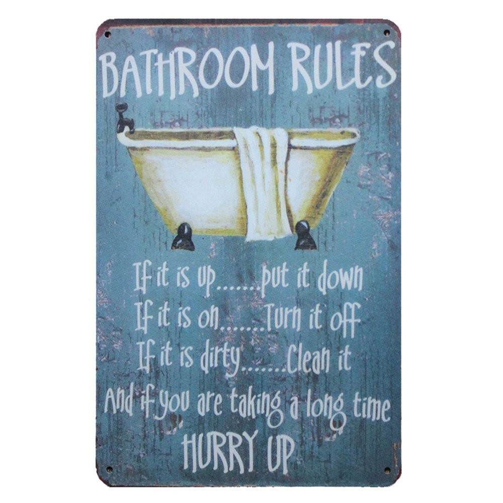 MegaDeal Bathroom Rules Rustic Bathroom Decor Retro Vintage Look Wall Tin Sig…