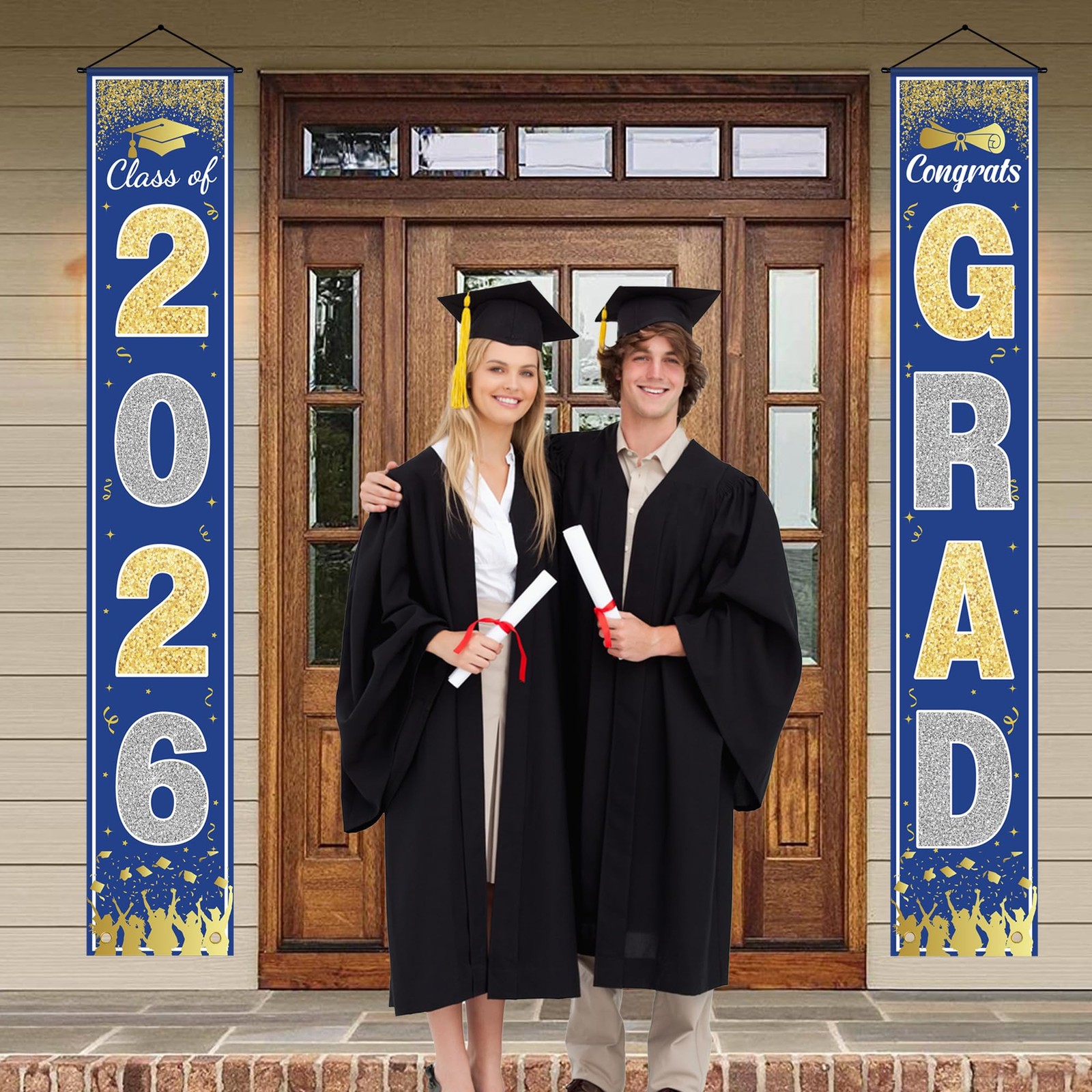 Graduation Decorations 2026 – Blue Gold Congrats Grad Porch Banner for Graduatio