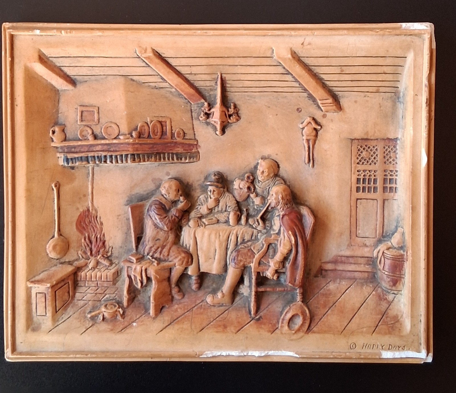 Vintage 3D Plaster Wall Plaque Happy Days Tavern Pub Scene Relief Rustic Bar