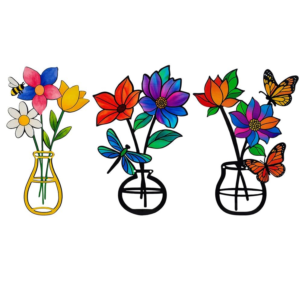 3 Pcs Metal Flowers Wall Decor,Outdoor Fence Wall Art Decor,3D Colorful Outdoor