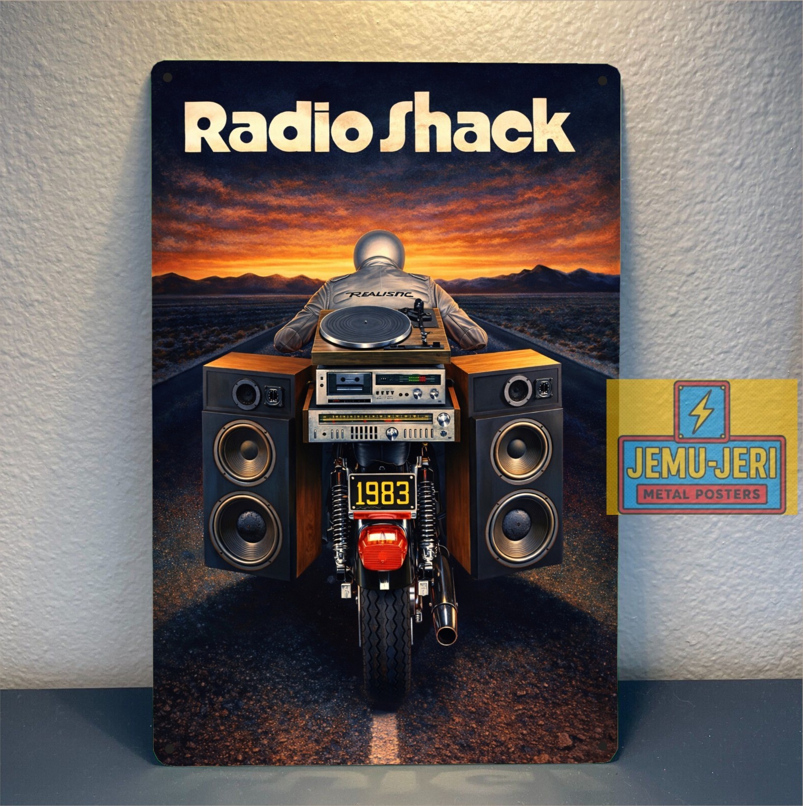 RadioShack 1983 Stereo Motorcycle Metal Poster Sign 20x30cm Retro Audio Decor