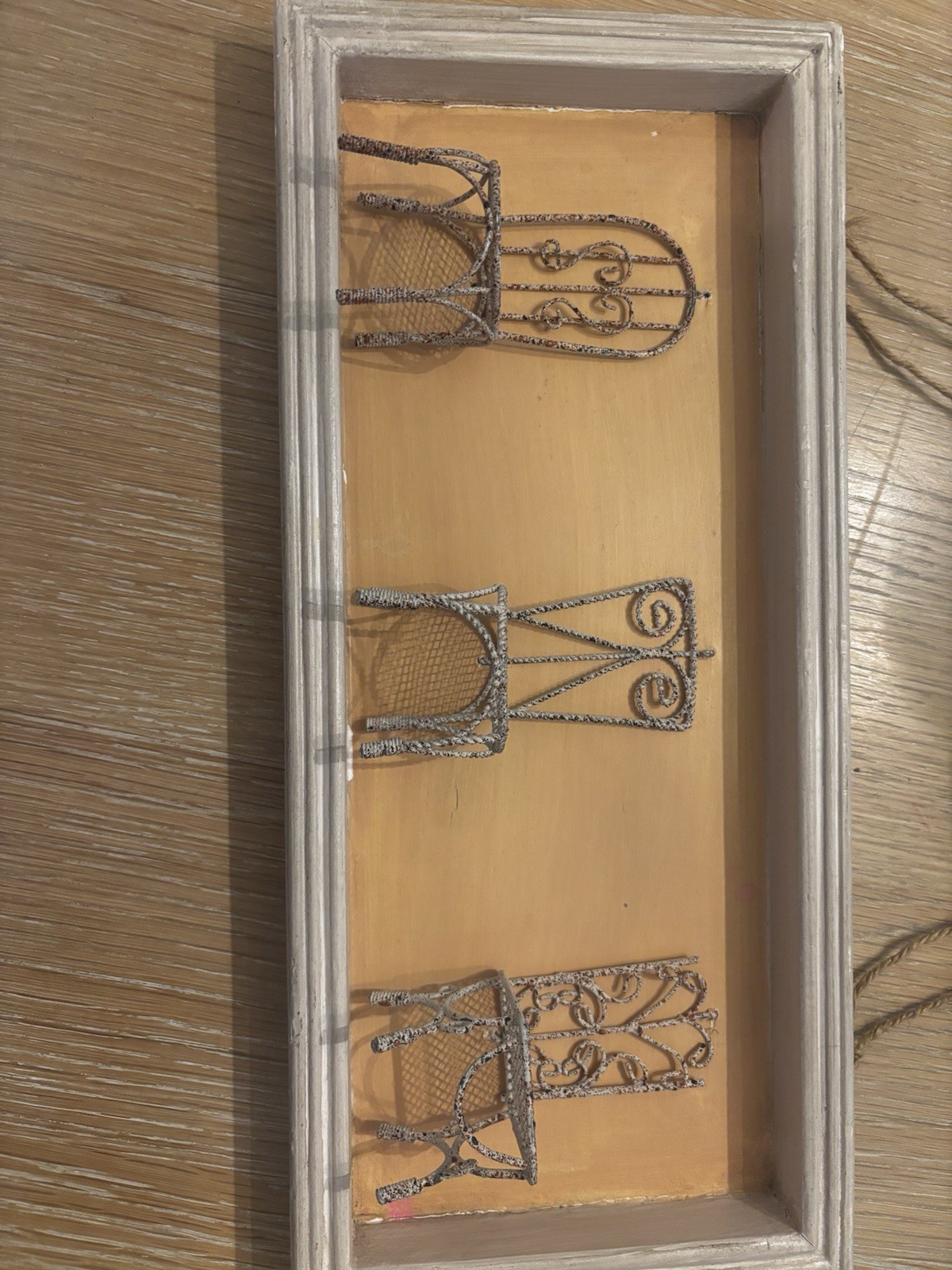 Framed Hanging Wall Plaque Wire Chair Art, Wood/Metal, Beige White Gray