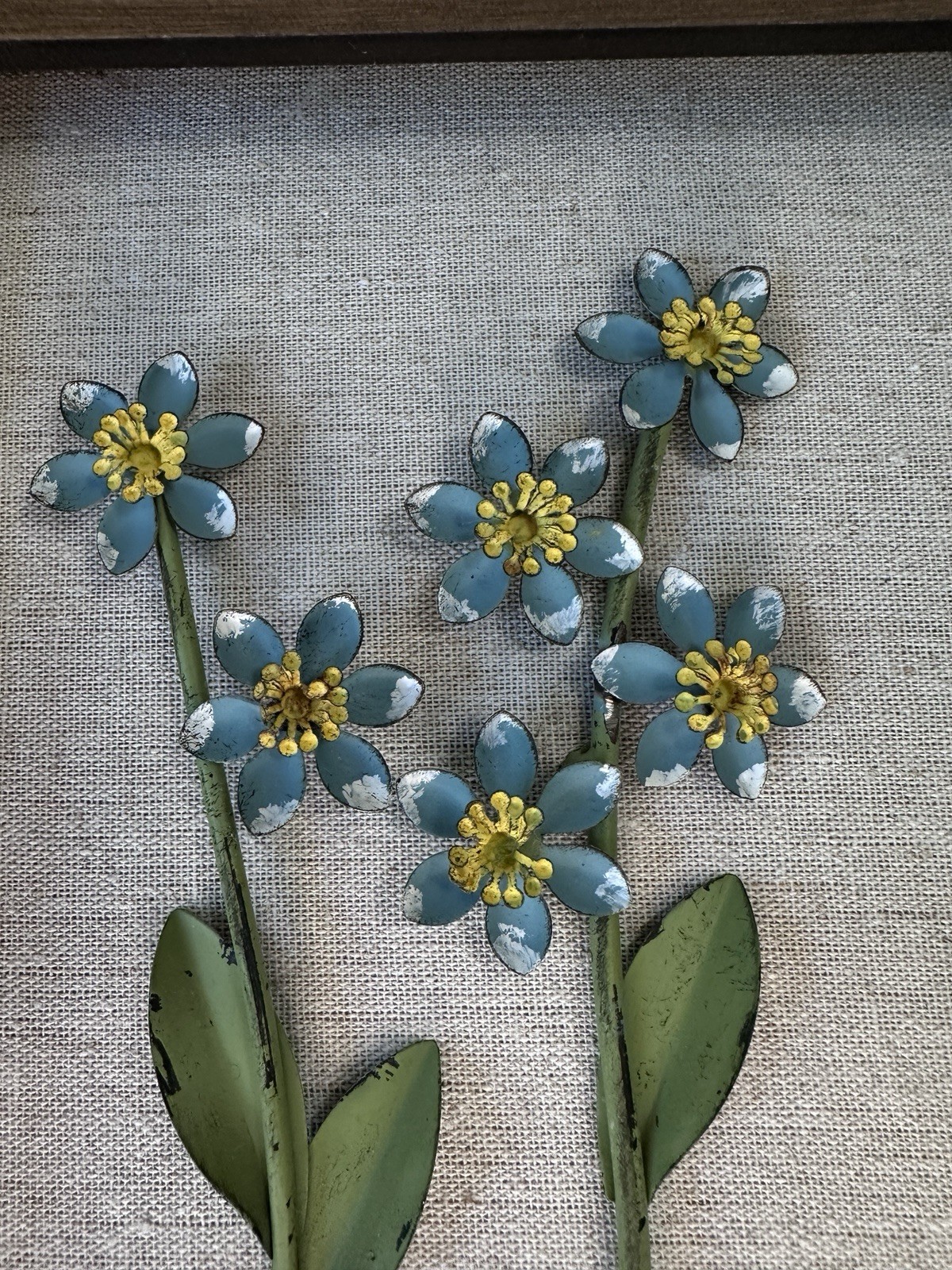 Vintage 3D Metal Flower Shadow Box Framed Wall Art Set of 2 Burlap Linen Floral