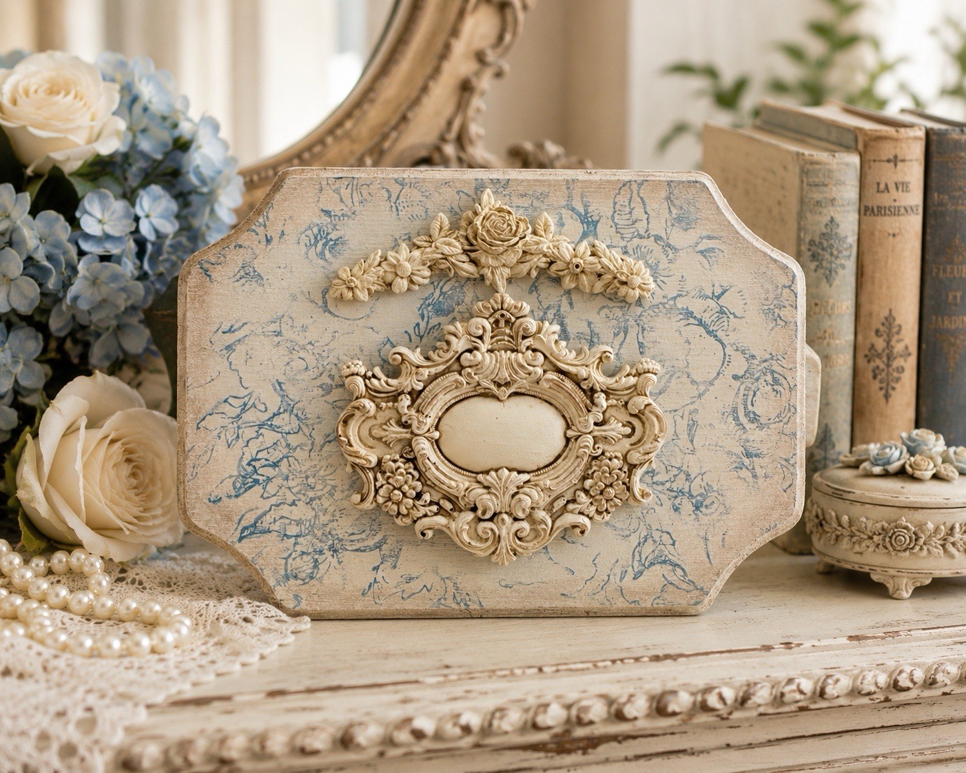 Handmade French Country Blue Toile Wall Plaque Ornate Cottage Decor