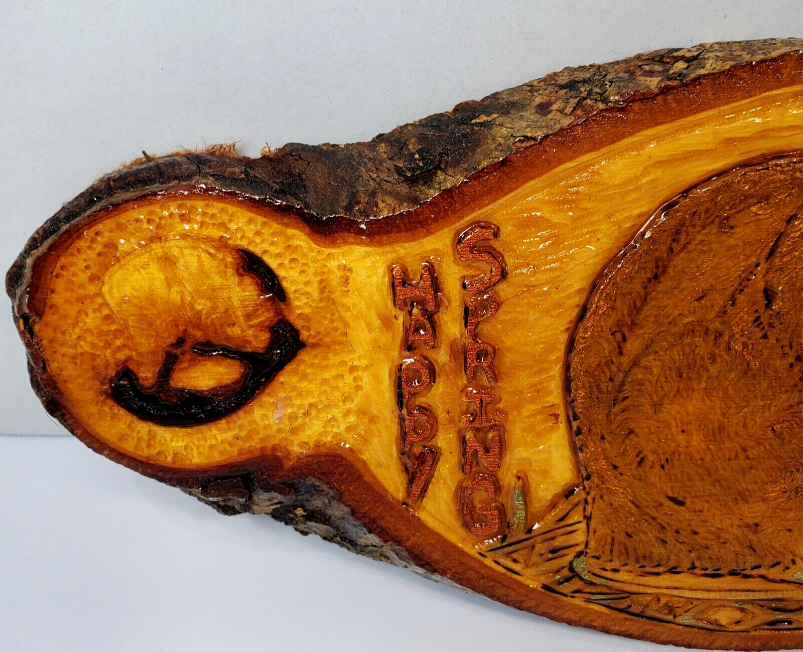 Live Edge Hand Carved Burned Wall Decor HAPPY SPRING Bark Rustic 10″