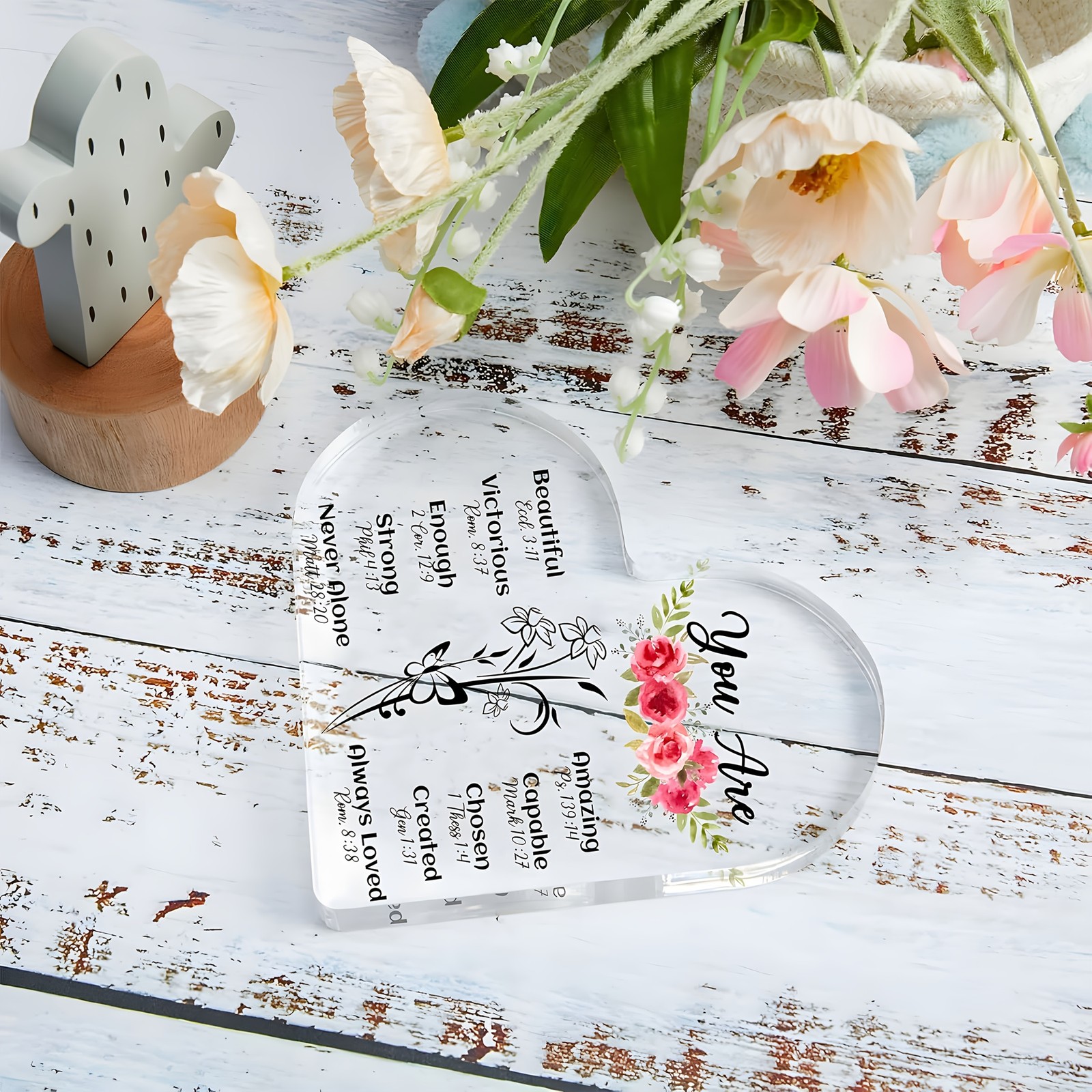 Christian Bible Verse Acrylic Heart Plaque Pink Roses Keepsake Scripture Gift