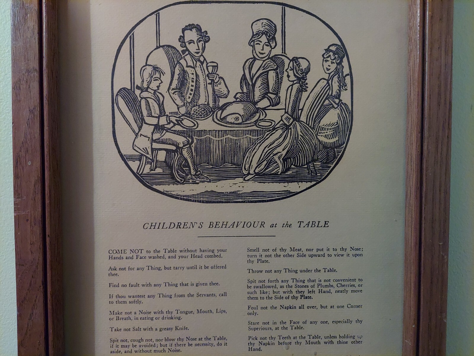 CHILDREN’S RULES FOR BEHAVIOR AT TABLE, 1787 FRAMED PICTURE, KITCHEN, RESTAURANT