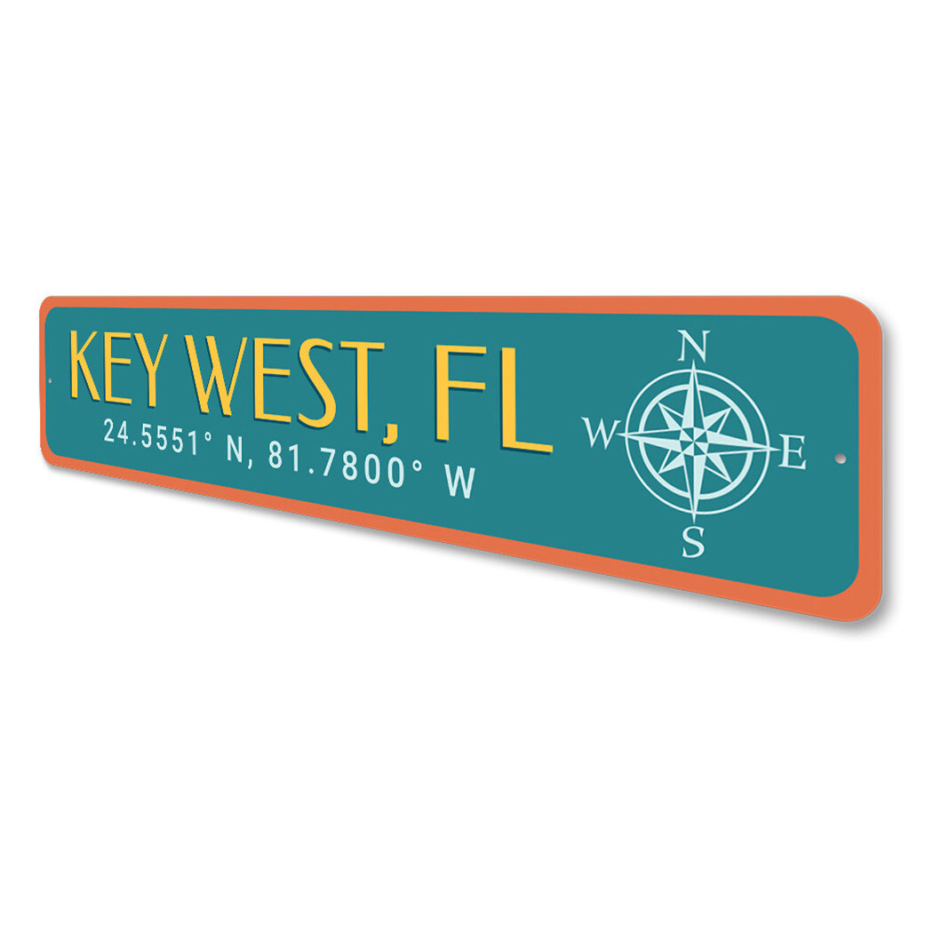 Key West Florida Sign with Coordinates and Cute Compass Design Metal Sign