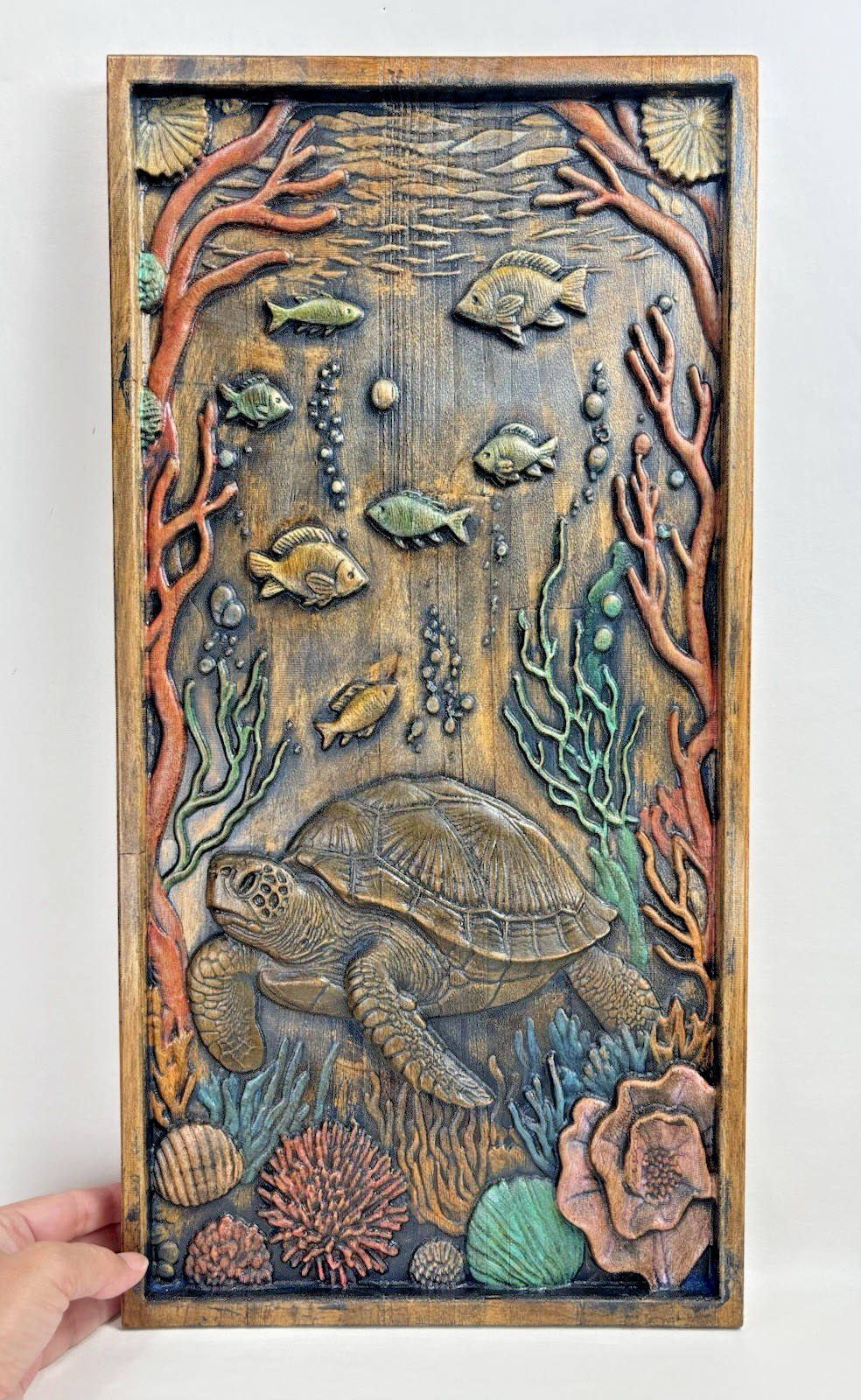 Under The Sea Life Turtle Fish Corals 3D Wood Carved Carving Wall Hanging Art