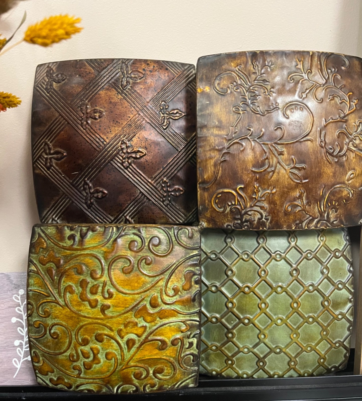 Home Interiors Geometric Scrolls Leaf Metal Square Wall Art Plaque Home Decor