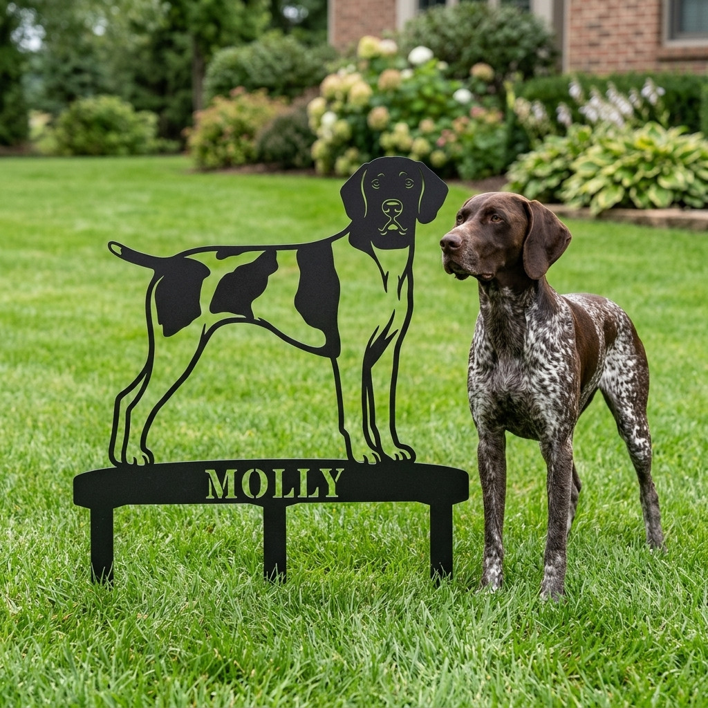 Personalized German Shorthaired Pointer Garden Name Metal Sign With Stakes