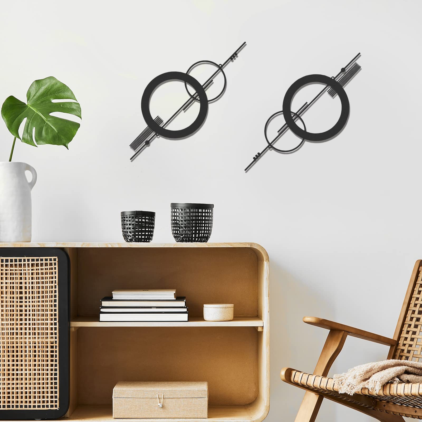 2 PCS Black Metal Abstract Wall Art 15.7 inch Minimalist Geometric Decor