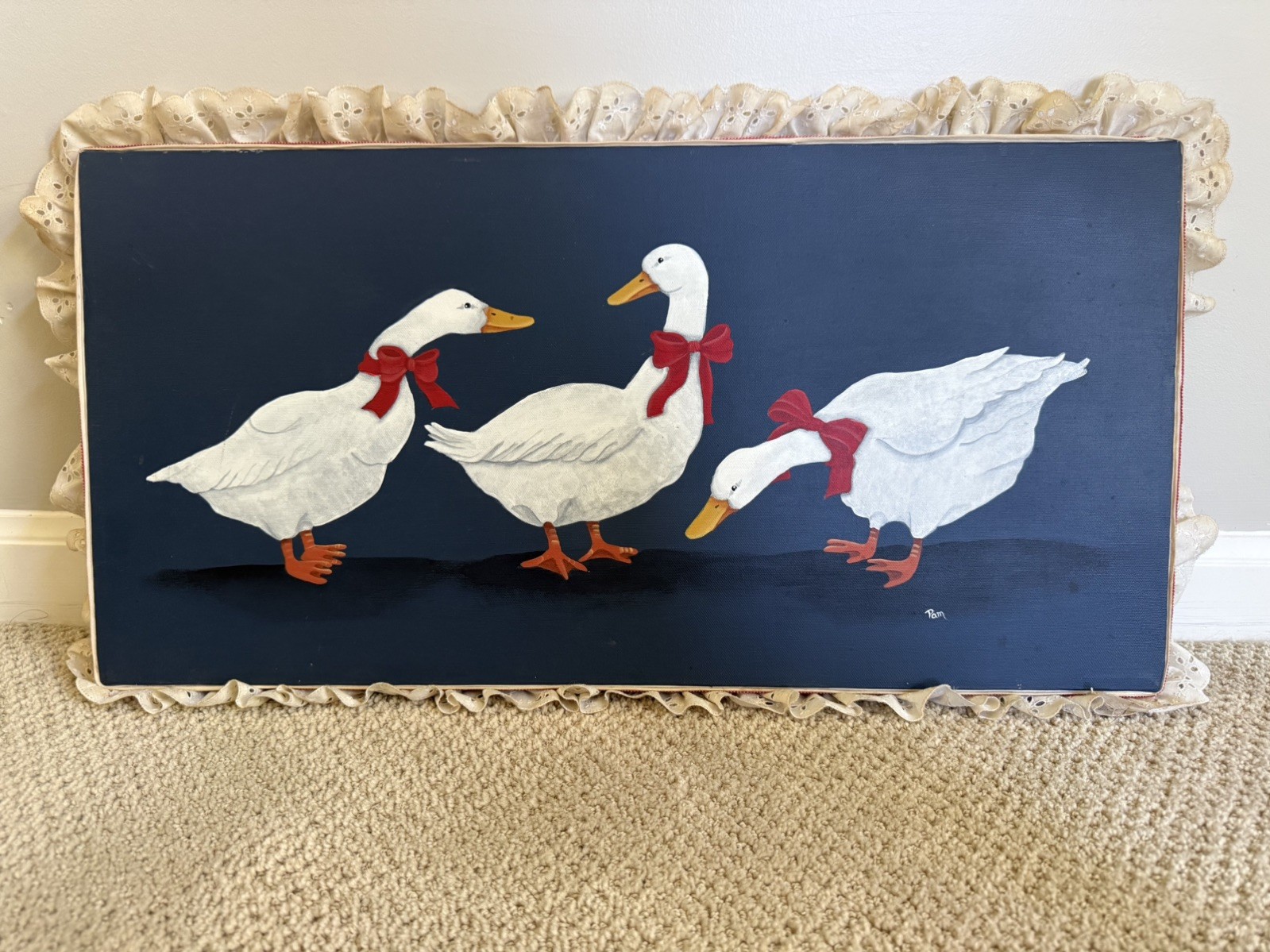 Vintage Farmhouse Americana Blue Cottage Painting Geese Ducks w/ Bows and Lace