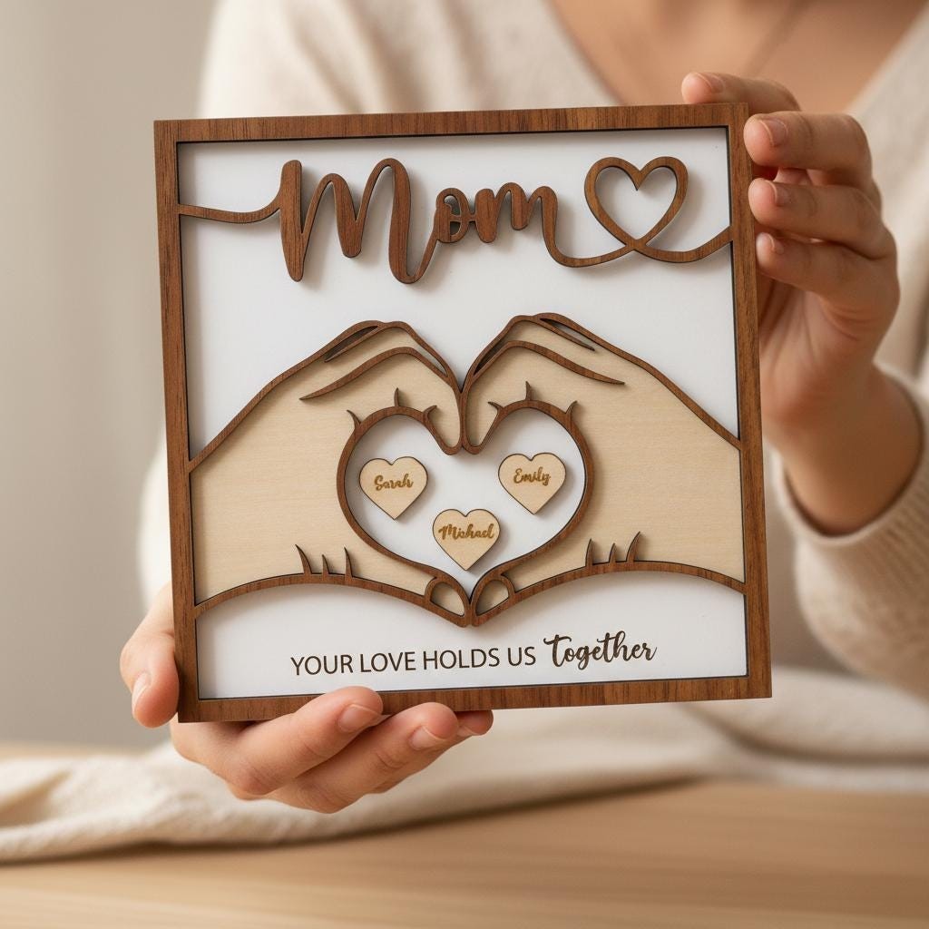 Personalized Mom Family Wood Sign – Custom Names Heart Hands Mother’s Day Gift