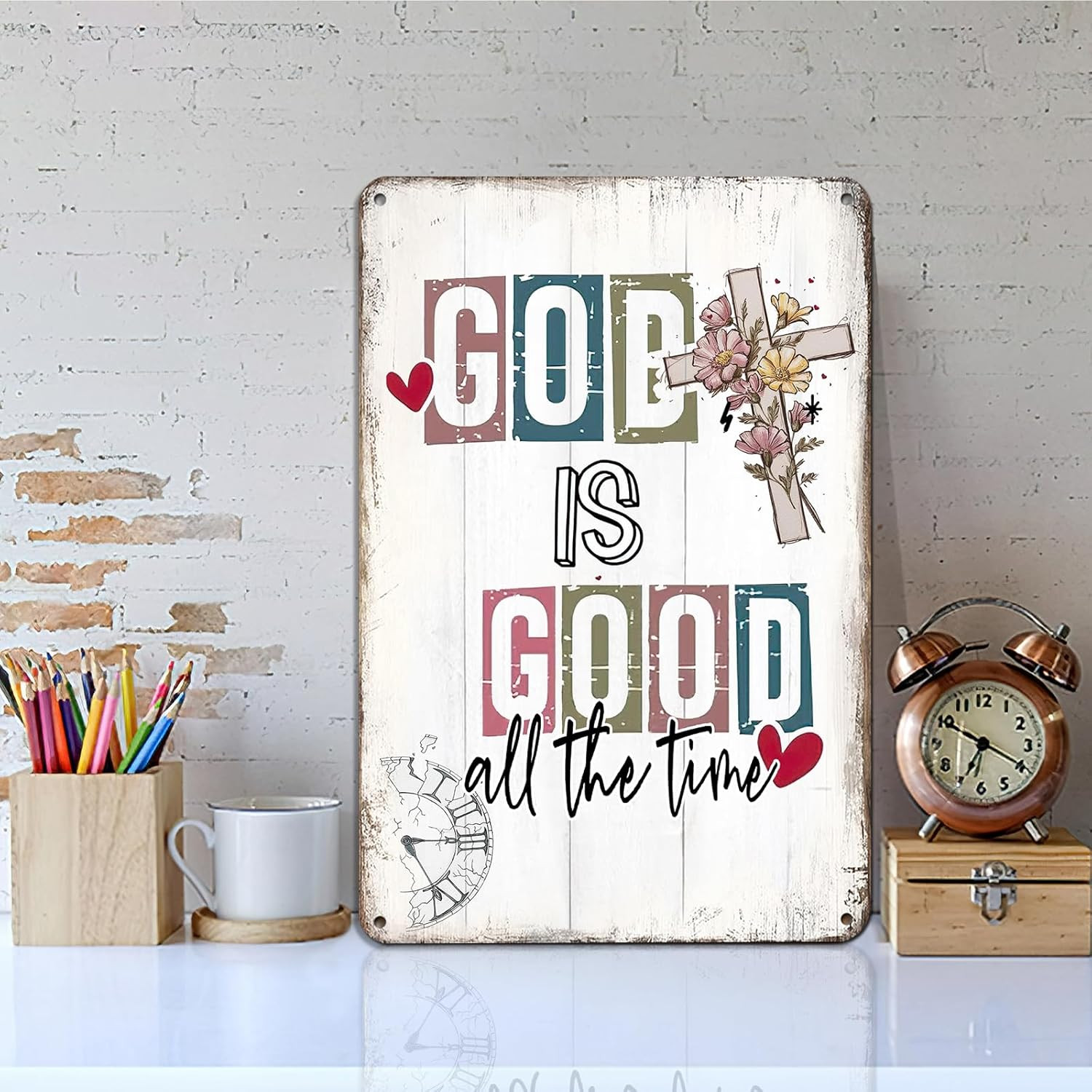 Vintage Metal Tin Sign – “God Is Good All the Time”Inspirational Wall Art – Rust