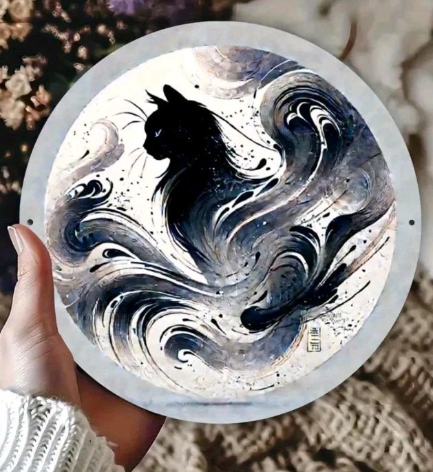 Vintage Black Cat Swirl Art 8×8 Round Tin Sign Wall Decor Gift Idea Unique Home