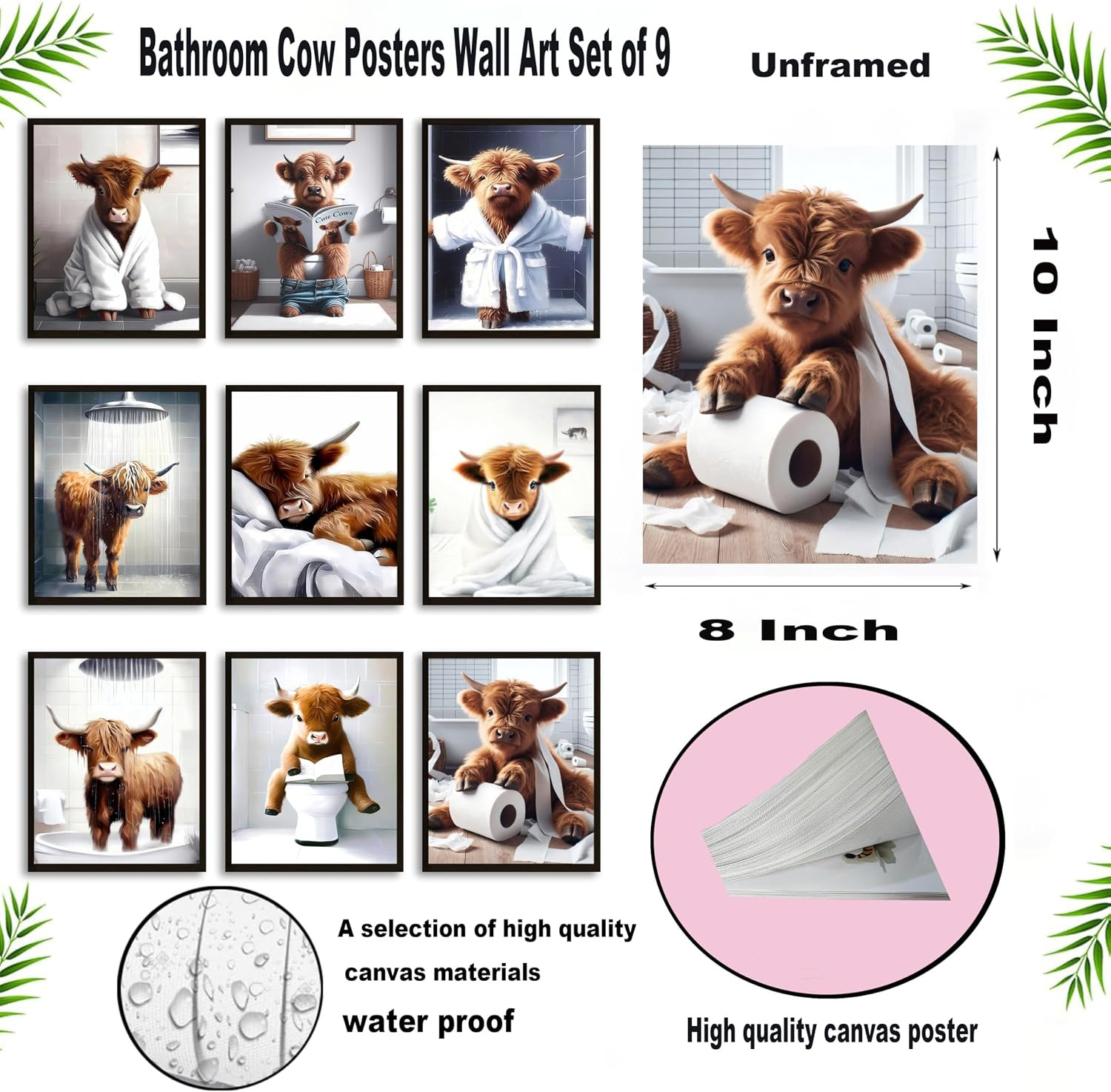 Funny Bathroom Cow Posters Wall Art Set of 9, Vintage Brown Highland Cow Canvas