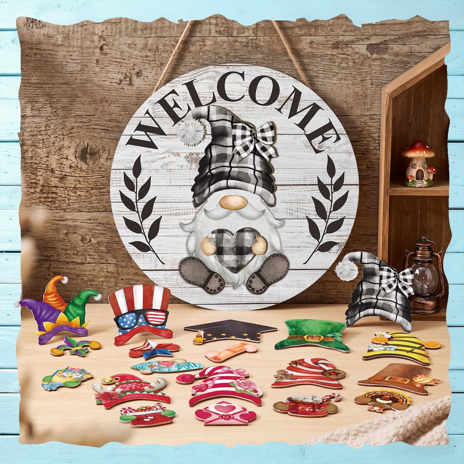 31 Pcs Retro Wood Grain Interchangeable Wooden Gnome Door Hanger Holiday Seas…