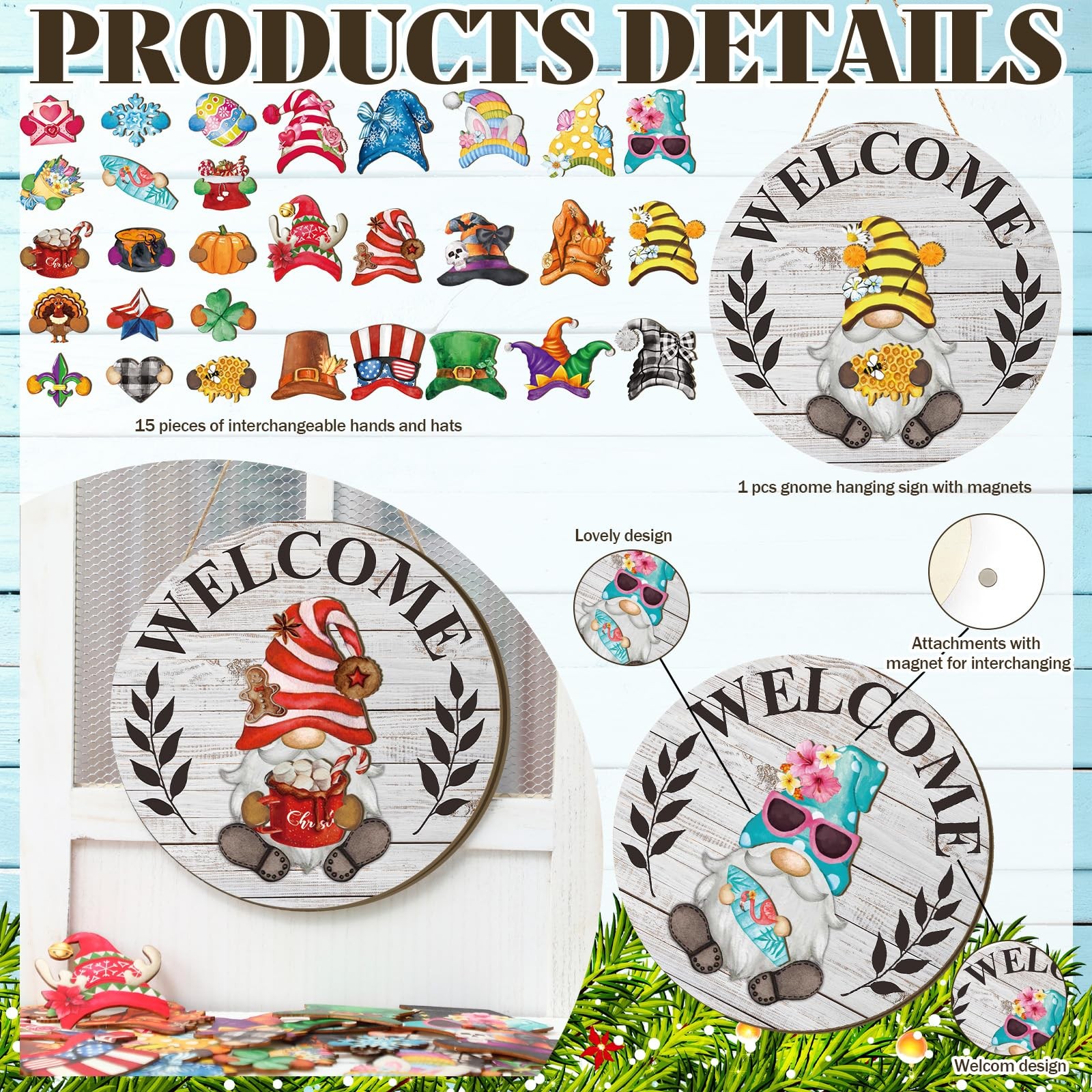 31 Pcs Retro Wood Grain Interchangeable Wooden Gnome Door Hanger Holiday Seas…