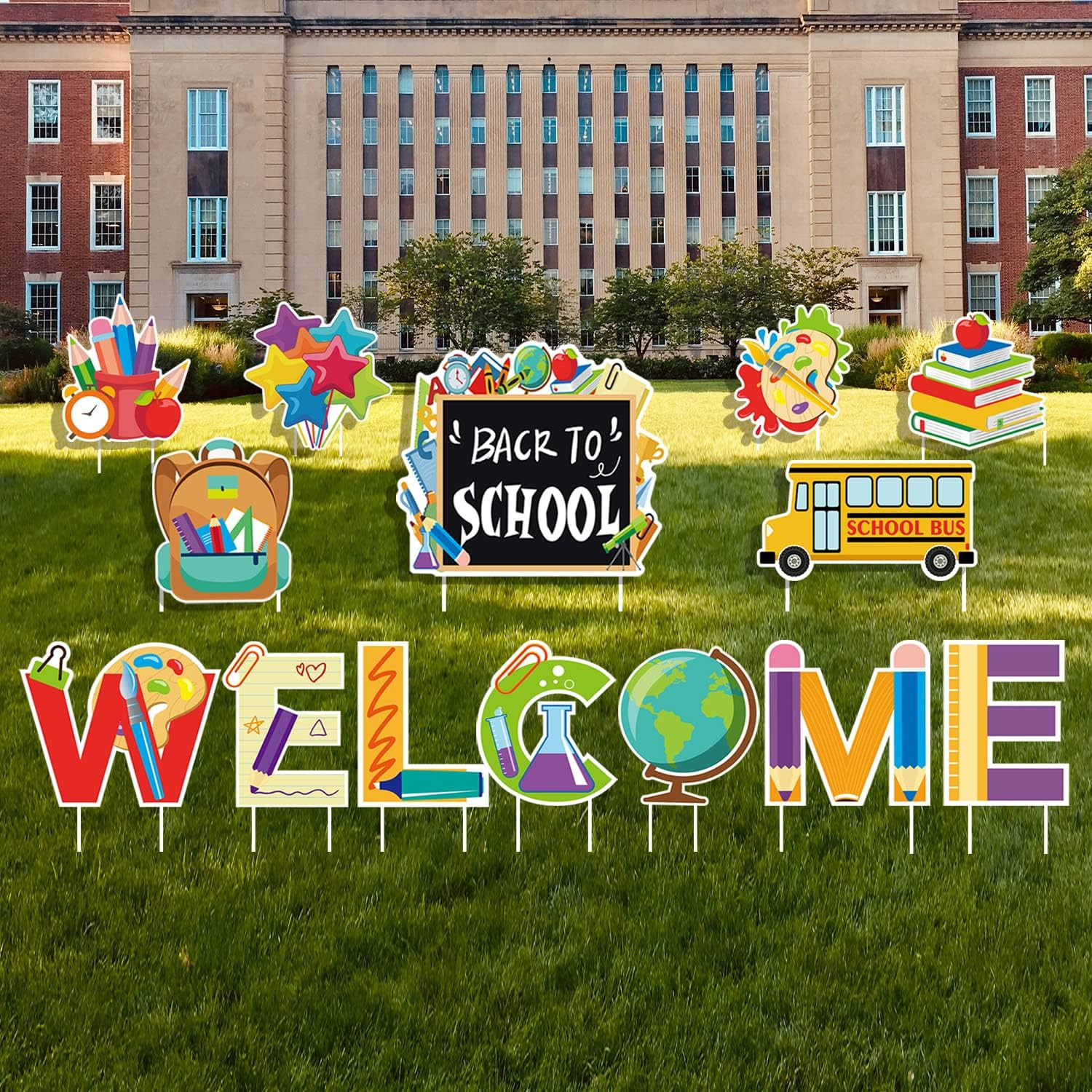 14 Pcs Welcome Back to School Yard Sign with Stakes Kindergarten Hallway Outdoor