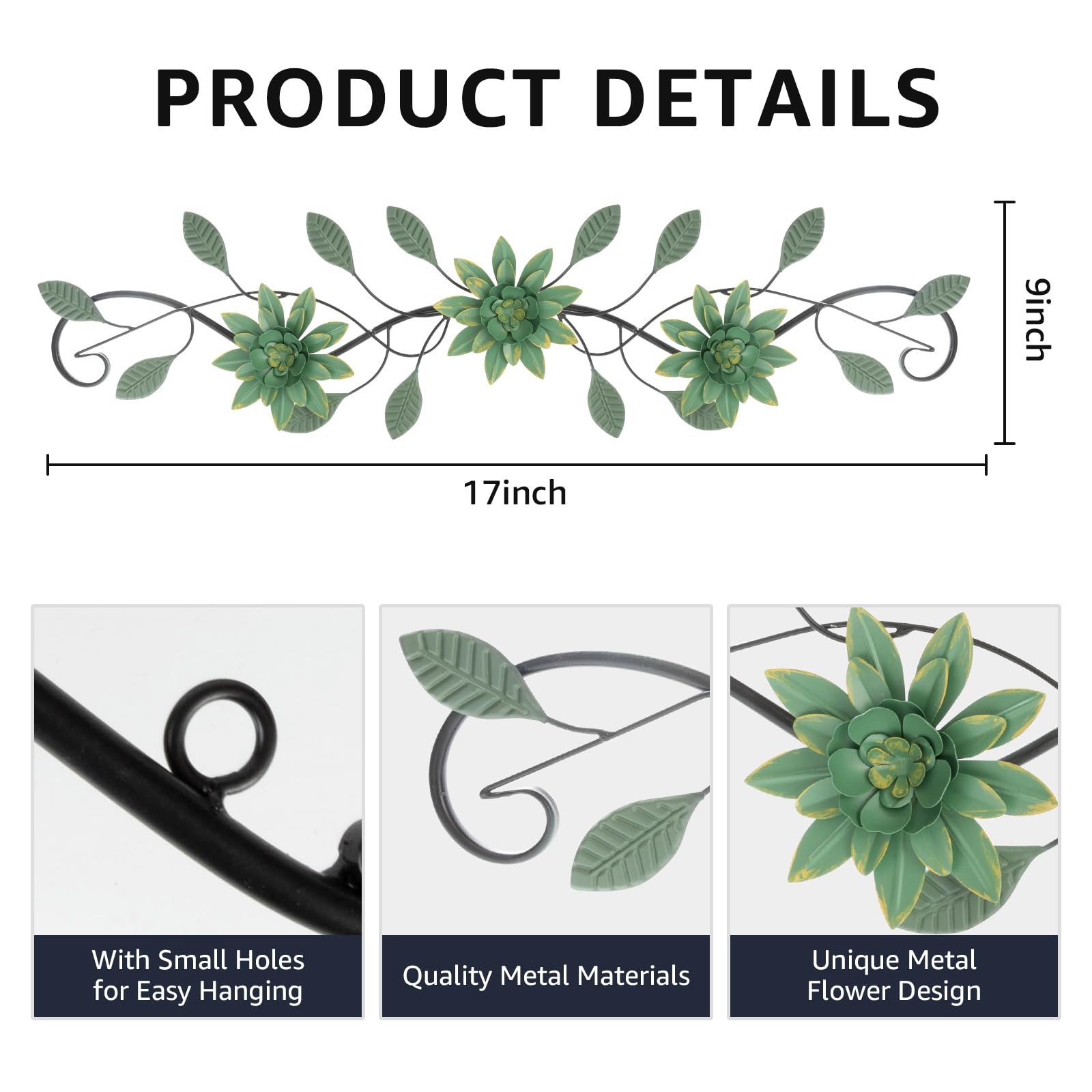 Green Metal Wall Art Modern Minimalist Flowers Indoor Horizontal Iron Decor