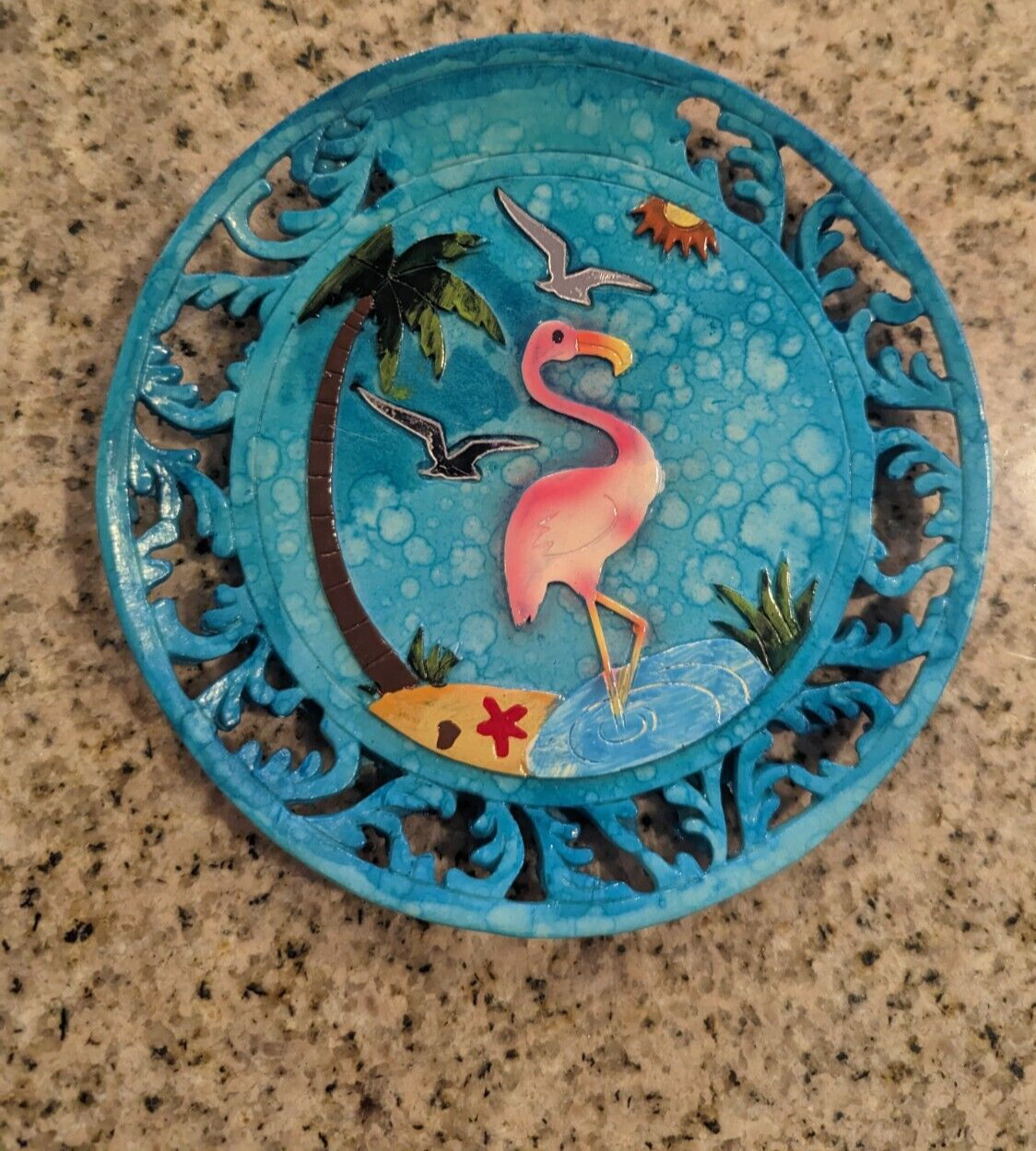 Pink Flamingo Plaque Sign 6 in Mistco beach birds blue + plastic holder