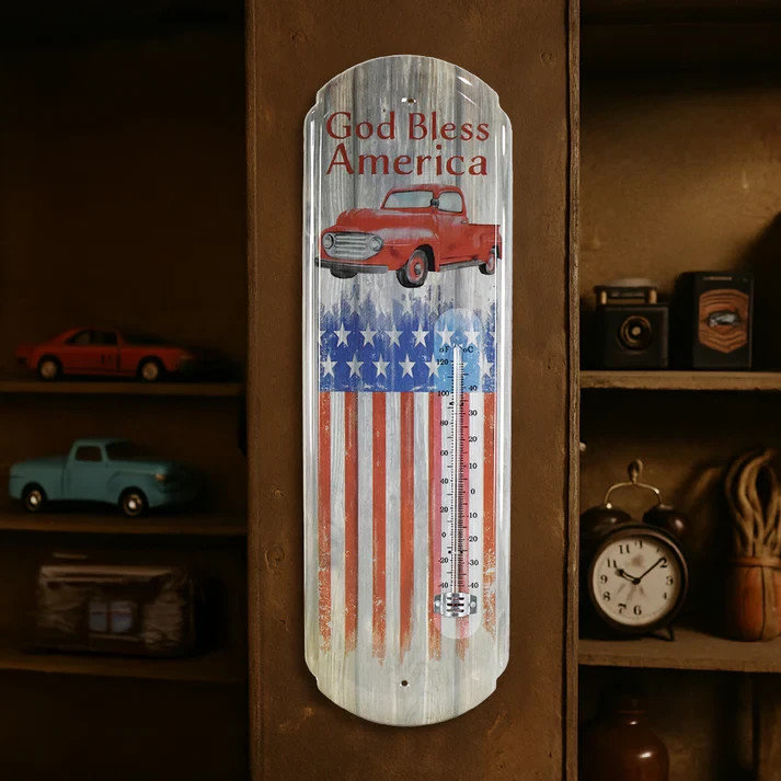 God Bless America Metal Wall Thermometer Patriotic Vintage Truck Decor