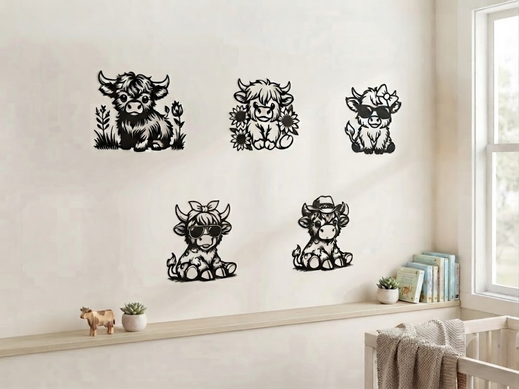 Highland Cow Kitchen Decor Set of 5 Farmhouse Art | Black Baby Cow Wall Decor