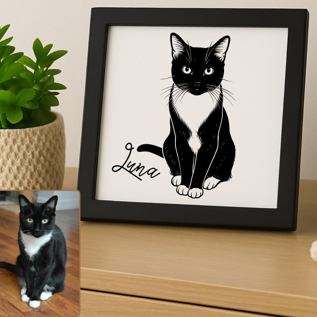 Personalized Cat Portrait from Your Photo Laser Engraved on Wood Panel in Frame