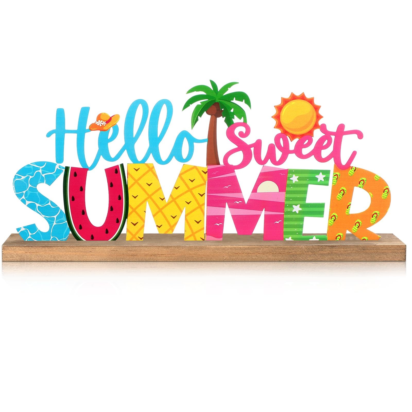 Colorful Hello Summer Metal Sign with Wooden Base Indoor Tabletop Decorations